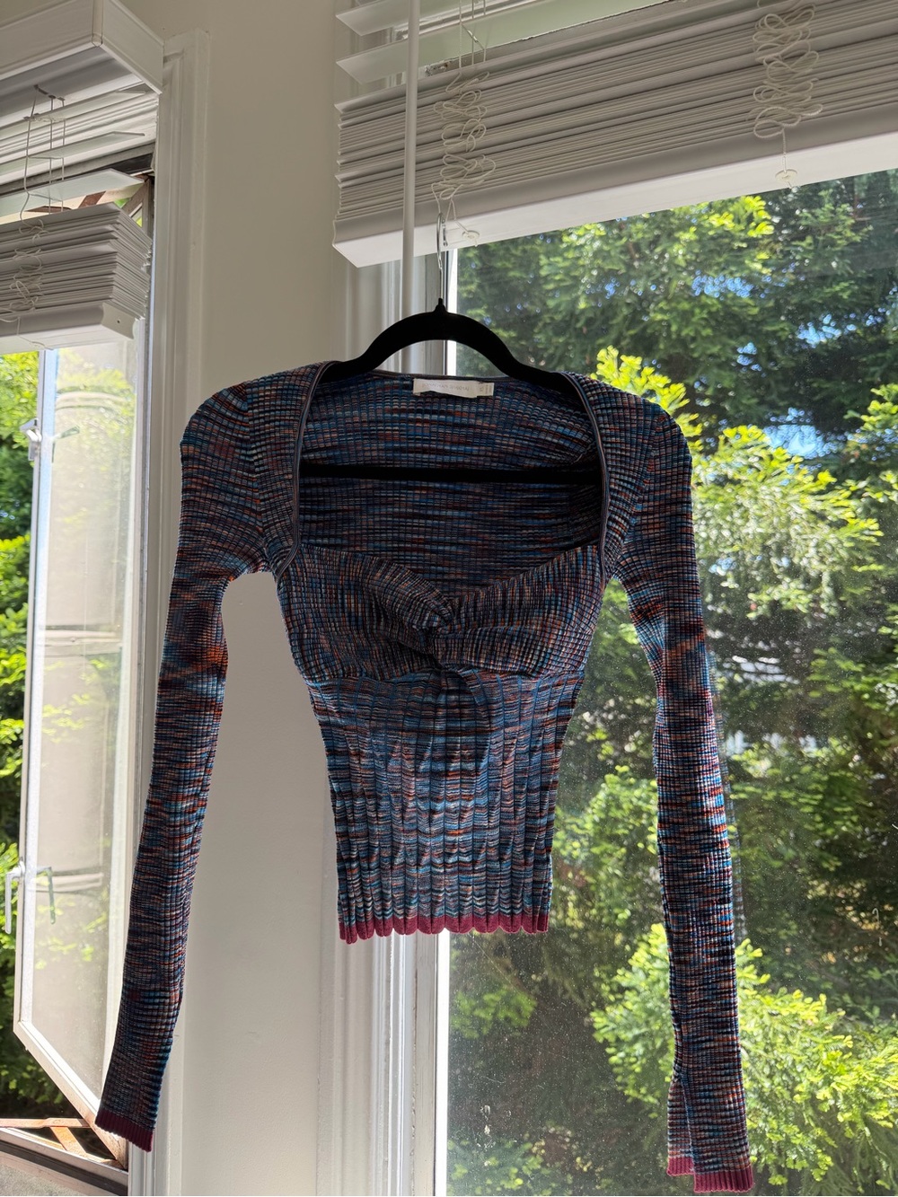 Jonathan Simkhai Multicolor Ribbed Long-Sleeve Knit Top in Blue and Pink Trim